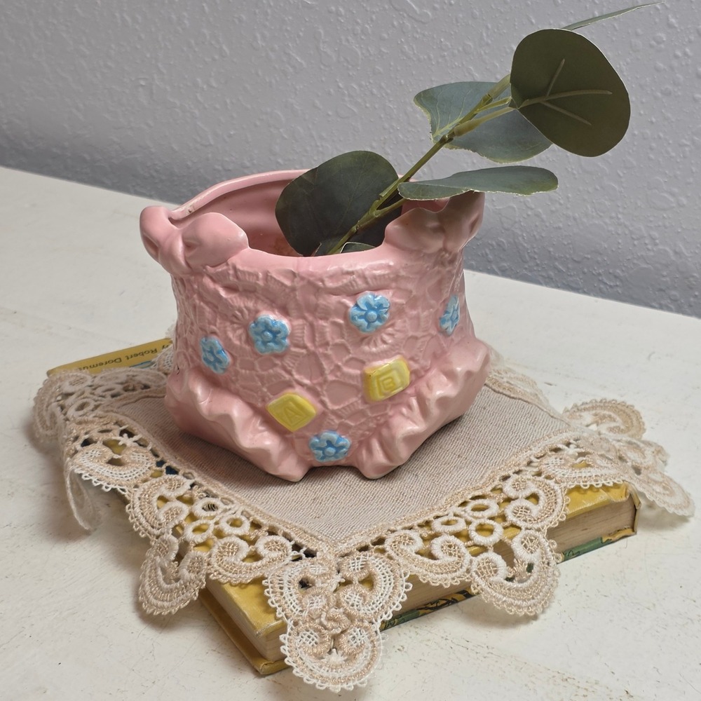 Vintage Pink Ceramic Baby Diaper Planter Lace Texture Blue Flowers ABC Blocks